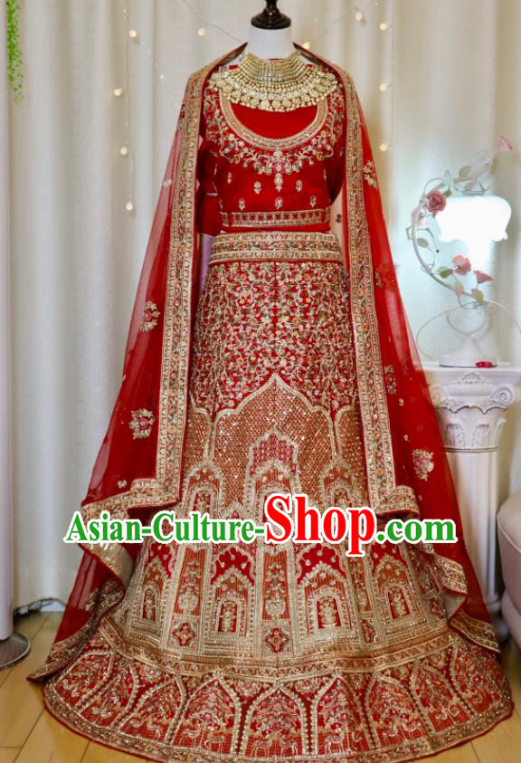 Top Traditional Wedding Dress India Clothing Indian Bride Lengha Garment Embroidered Red Outfit