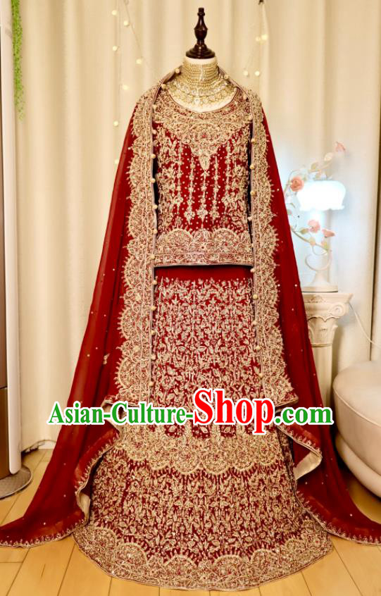 India Clothing Indian Bride Lengha Garment Top Embroidered Beads Red Outfit Traditional Wedding Dress
