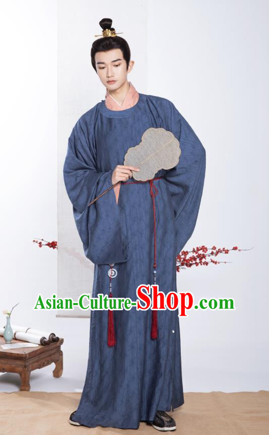 Chinese Ancient Noble Childe Clothing Traditional Blue Hanfu Robe Song Dynasty Scholar Garment Costumes