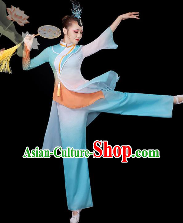 Chinese Classical Dance Clothing Fan Dance Costumes Women Solo Dance Blue Outfit