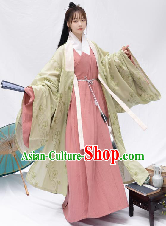 Chinese Ancient Taoist Nun Clothing Traditional Hanfu Green Cape and Pink Robe Ming Dynasty Garment Costumes for Women