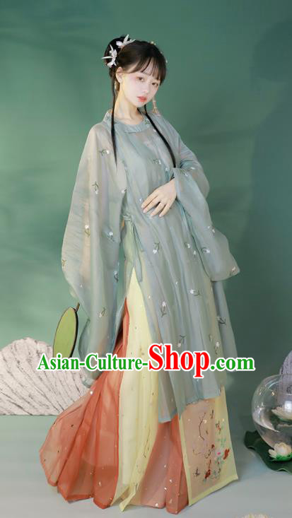 Chinese Traditional Hanfu Green Shirt and Horse Face Skirt Ming Dynasty Garment Costumes Ancient Rich Lady Clothing