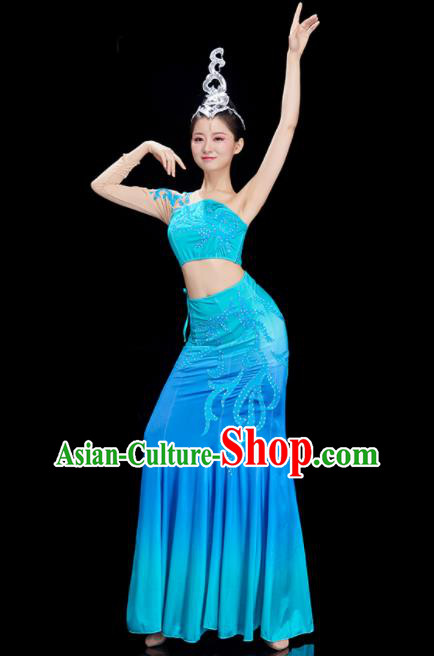 China Stage Performance Clothing Yunan Women Garments Ethnic Peacock Dance Costumes Dai Nationality Pavane Blue Dress Outfit
