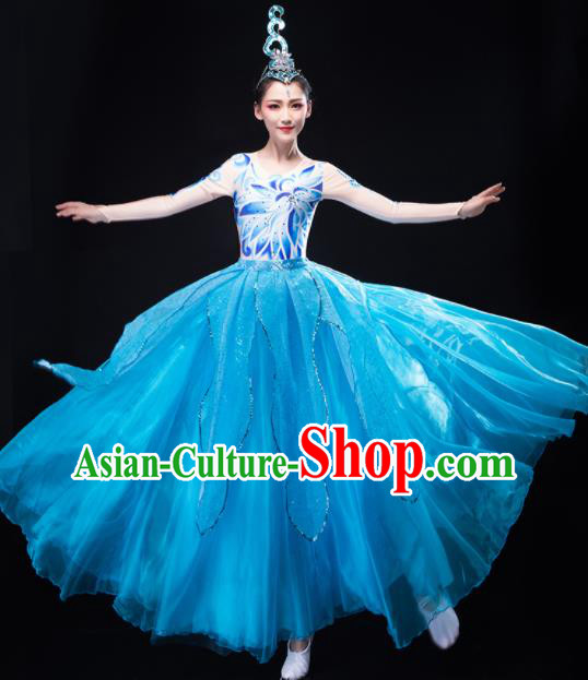 Chinese Stage Performance Blue Dress Opening Dance Clothing Women Group Dance Garment Modern Dance Costume
