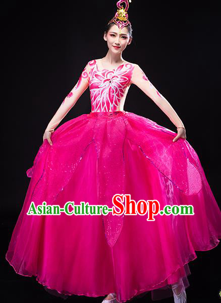 Chinese Modern Dance Costume Stage Performance Megenta Dress Opening Dance Clothing Women Group Dance Garment