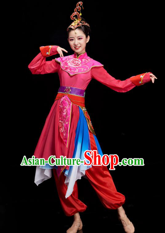 Chinese Stage Performance Megenta Outfit Drum Dance Clothing Women Group Dance Garment Classical Dance Costumes