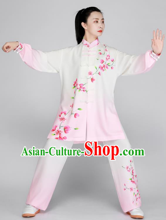Chinese Tai Chi Outfit Kung Fu Costumes Top Tai Ji Training Light Pink Uniform Printing Peach Blossom Clothing