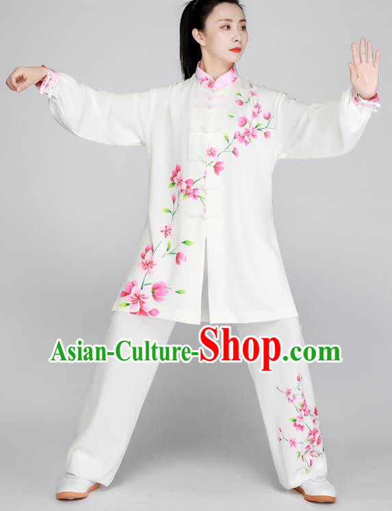 Chinese Printing Peach Blossom Clothing Tai Chi White Outfit Kung Fu Costumes Top Tai Ji Training Uniform