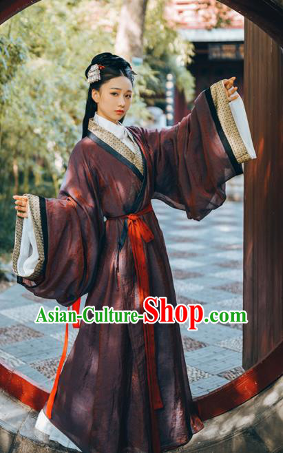 Chinese Traditional Hanfu Yarn Garment Straight Front Robe Clothing Ancient Palace Lady Dress Garments Han Dynasty Princess Historical Costumes
