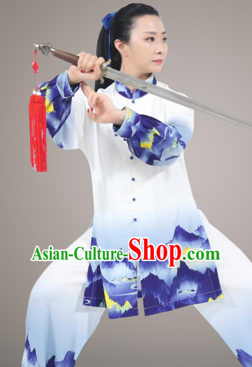 Chinese Traditional Kung Fu Costumes Tai Ji Competition Blue Uniform Printing Landscape Outfit Tai Chi Training Outfit