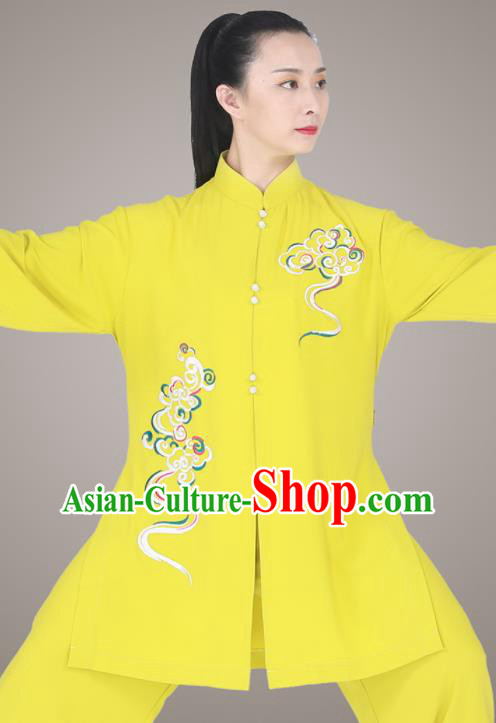 Top Martial Arts Competition Clothing Tai Chi Printing Clouds Yellow Outfit Kung Fu Costumes Chinese Tai Ji Training Uniform