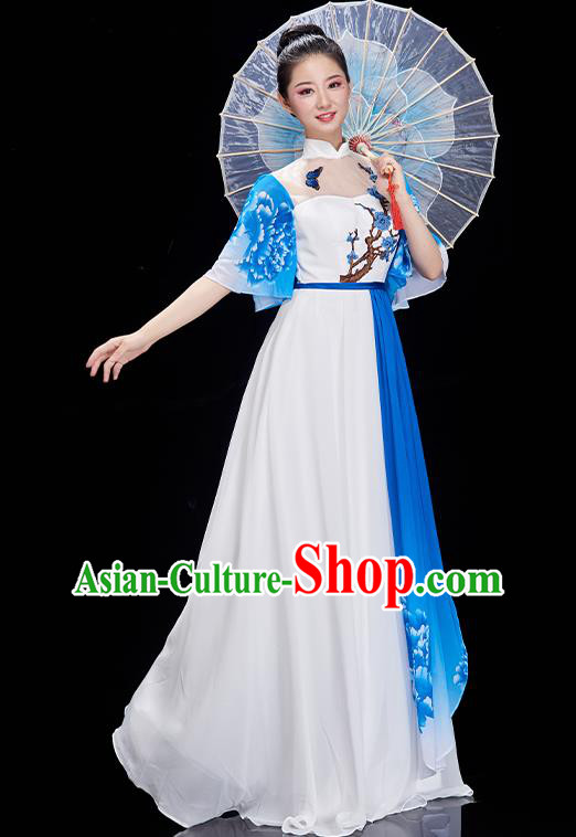 China Modern Dance White Dress Umbrella Dance Costume Chorus Performance Garment Lotus Dance Clothing