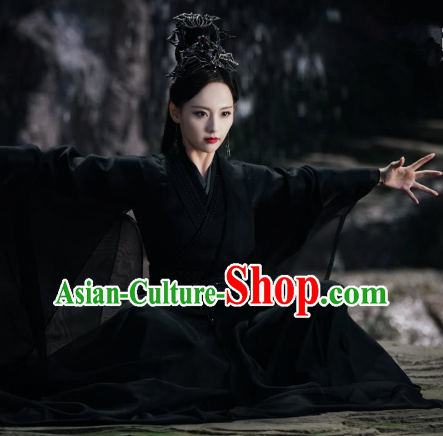 Chinese Xianxia Series Drama Witch Black Dress Garments TV Ancient Love Poetry Wu Huan Costumes Ancient Goddess Queen Clothing