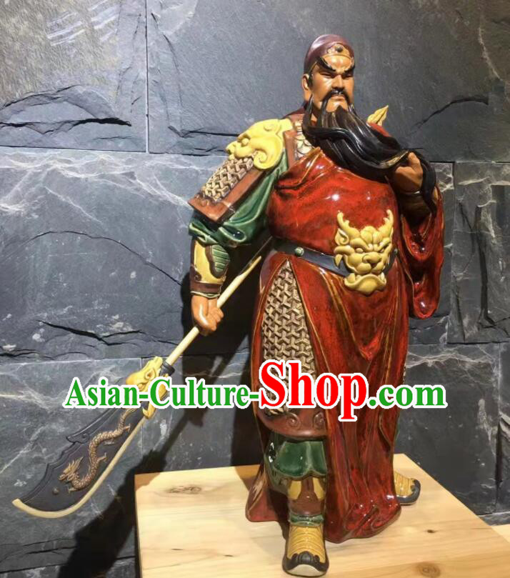 Handmade Guan Gong Sculpture Chinese Shi Wan Ceramic Figurine Guan Yu Porcelain Statue Arts