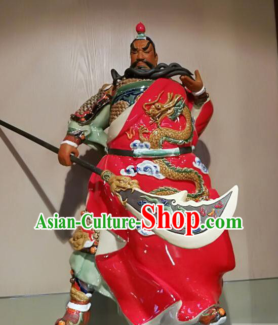 Chinese Shi Wan Ceramic Figurine Handmade 22 inches Guan Yu Porcelain Statue Arts Guan Gong Sculpture