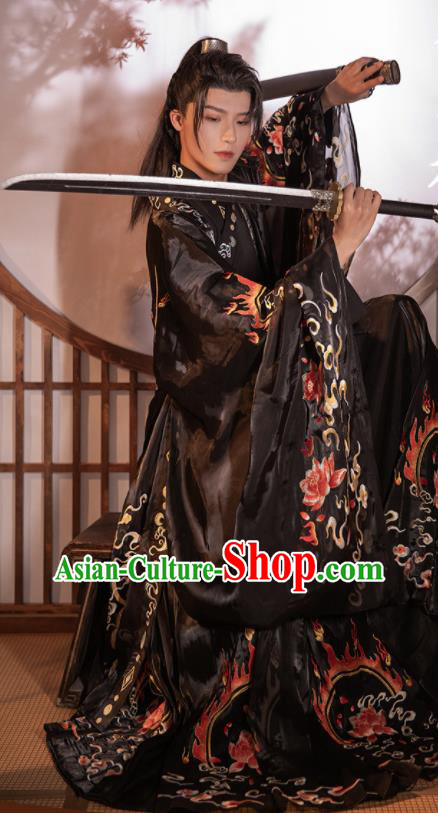 Chinese Song Dynasty Noble Childe Historical Costumes Ancient Swordsman Black Hanfu Clothing