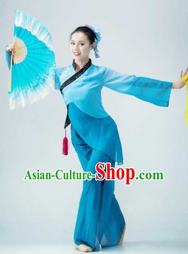 Chinese Fan Dance Blue Outfit Women Group Garments Folk Dance Clothing Silk Fan Performance Costume