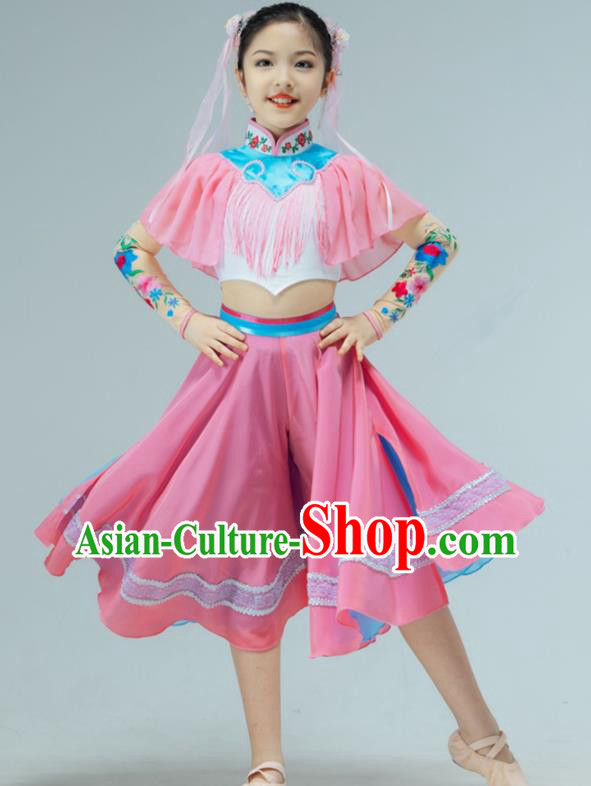 Chinese Stage Performance Costume Children Fan Dance Pink Dress Drum Dance Garment Folk Dance Clothing