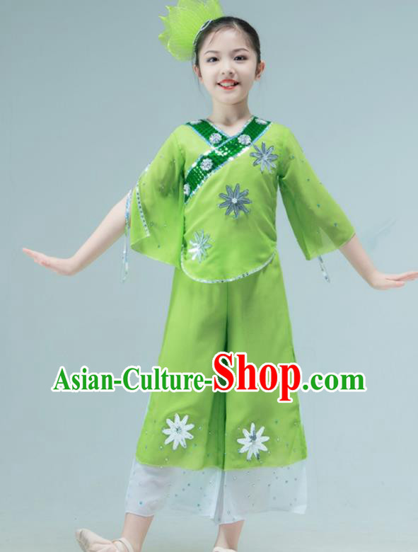 Chinese Folk Dance Clothing Stage Performance Costume Children Yangko Dance Green Outfit Fan Dance Garment