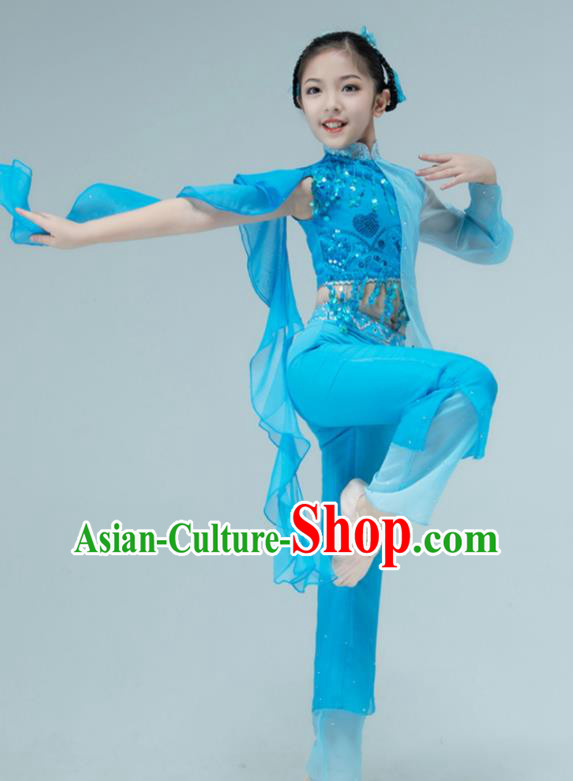 Chinese Children Dance Clothing Stage Performance Costume Folk Dance Blue Outfit Yangko Dance Garment