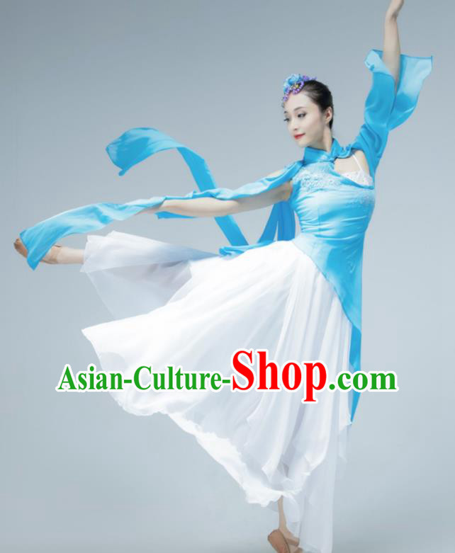 Chinese Stage Performance Costume Classical Dance Blue Dress Women Group Dance Garment Fan Dance Clothing