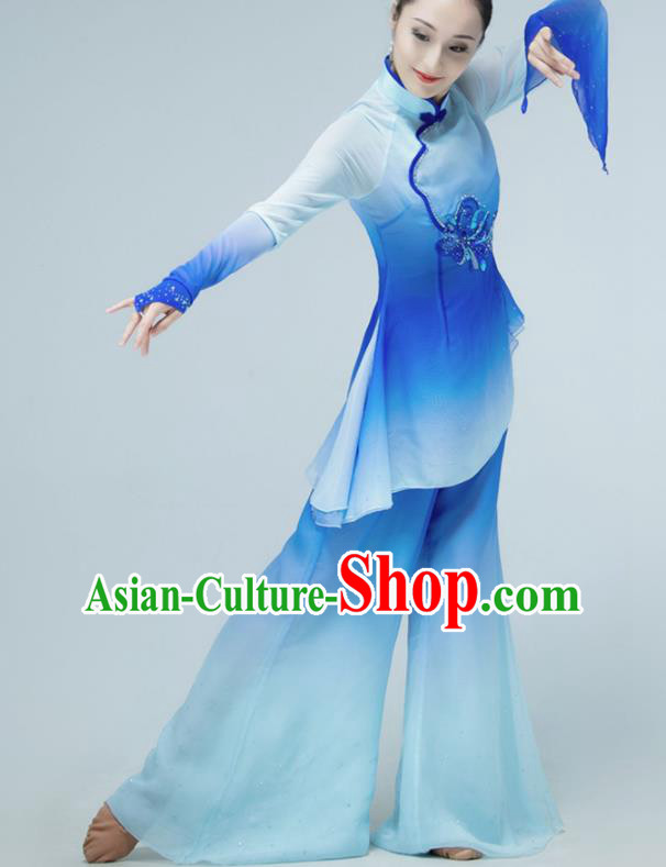 Chinese Yangko Dance Clothing Stage Performance Costume Folk Dance Blue Outfit Fan Dance Garments