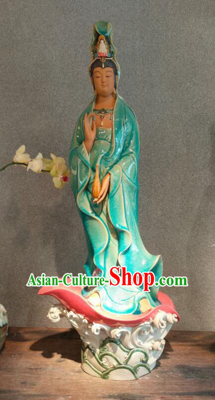 Handmade Shi Wan Guan Yin Ceramic Figurine 38 inches Standing Guanyin Statue Chinese Green Mother Buddha Porcelain Arts