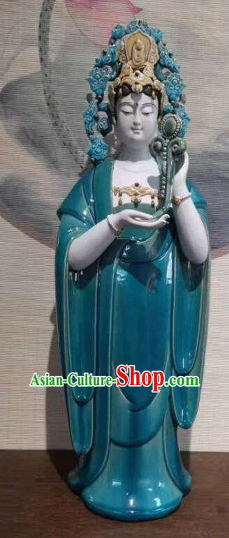 Handmade Shi Wan Guan Yin Ceramic Figurine 30 inches Standing Guanyin Statue Chinese Green Glaze Mother Buddha Porcelain Arts