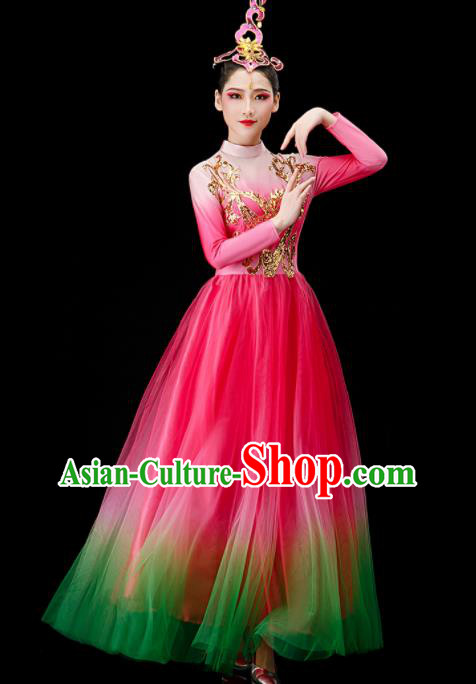 Chinese Women Group Dance Costume Modern Dance Clothing Opening Dance Megenta Dress