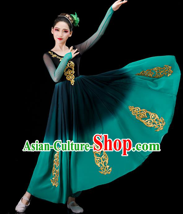 Chinese Stage Performance Green Dress Ethnic Women Dance Costume Xinjiang Uyghur Nationality Dance Clothing