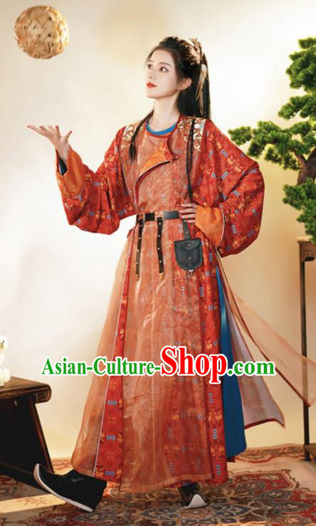 Chinese Traditional Hanfu Clothing Ancient Female Swordsman Red Robe Tang Dynasty Garment Costumes