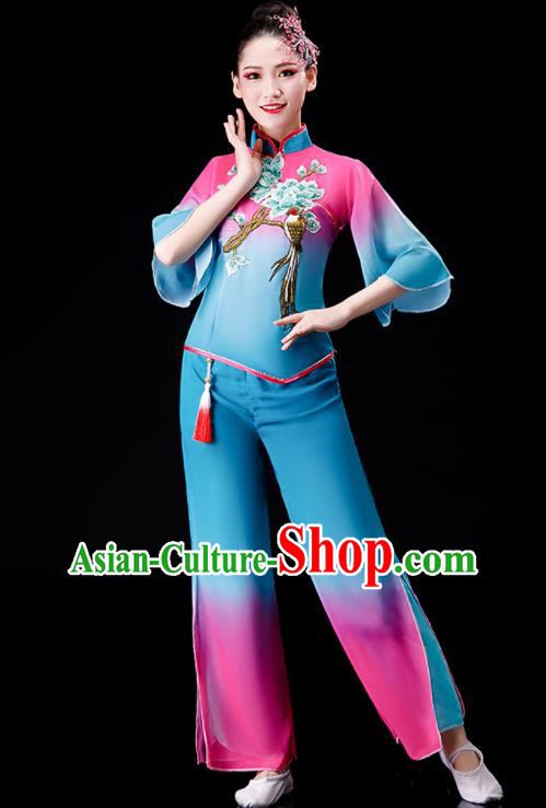 Chinese Yangko Dance Gradient Pink to Blue Outfit Folk Dance Costume Stage Performance Clothing