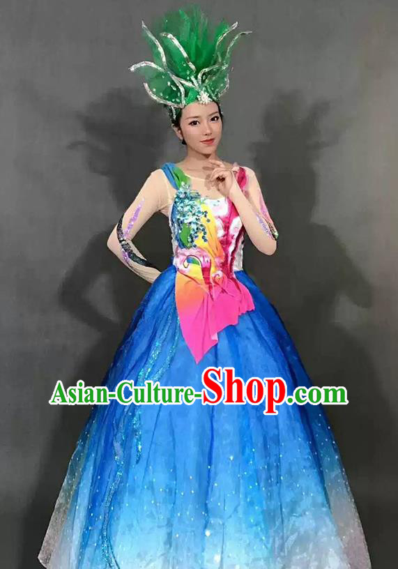 Chinese Flower Dance Garment Costume Spring Festival Gala Opening Dance Clothing Stage Performance Blue Dress