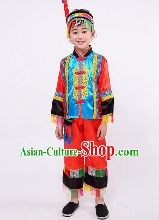 Chinese Stage Performance Clothing Tujia Nationality Boy Red Outfit Ethnic Dance Garment Costume