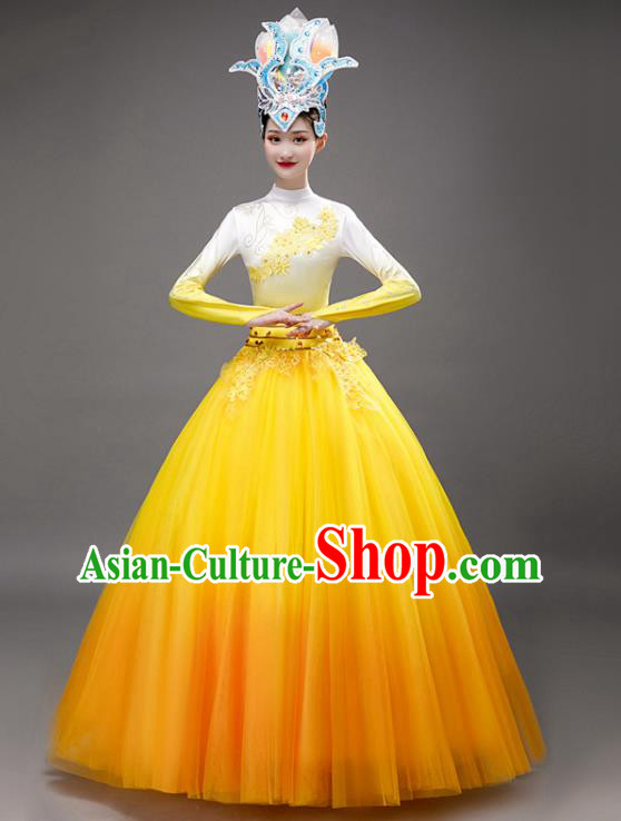 Chinese Modern Dance Yellow Dress Opening Dance Stage Performance Costume Women Group Dance Clothing