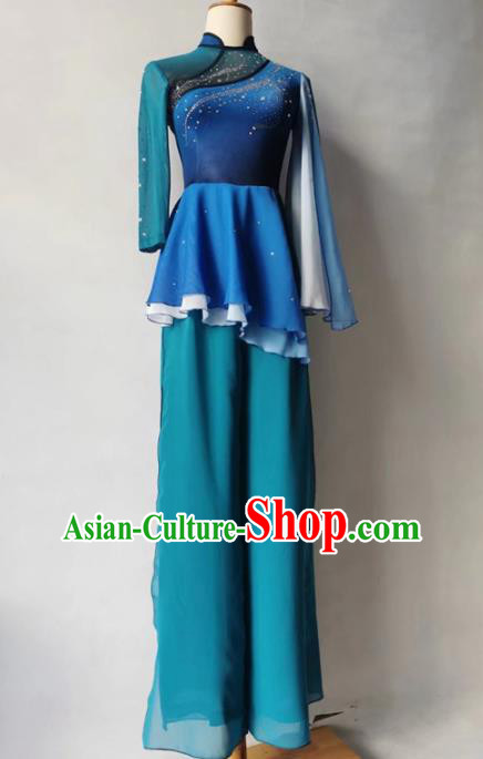 Chinese Fan Dance Garment Costumes Stage Performance Clothing Folk Dance Blue Outfit