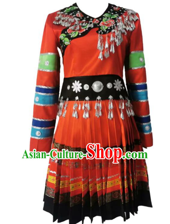Chinese Ethnic Woman Festival Clothing Stage Performance Red Dress Outfit Miao Nationality Dance Garment Costumes