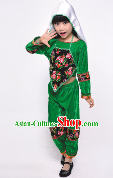 Chinese Ethnic Girl Folk Dance Costume Yunnan Stage Performance Clothing Jino Nationality Dance Green Dress Outfit