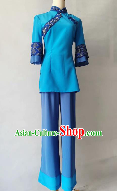 Chinese Stage Performance Clothing Folk Dance Blue Outfit Fan Dance Garment Costume
