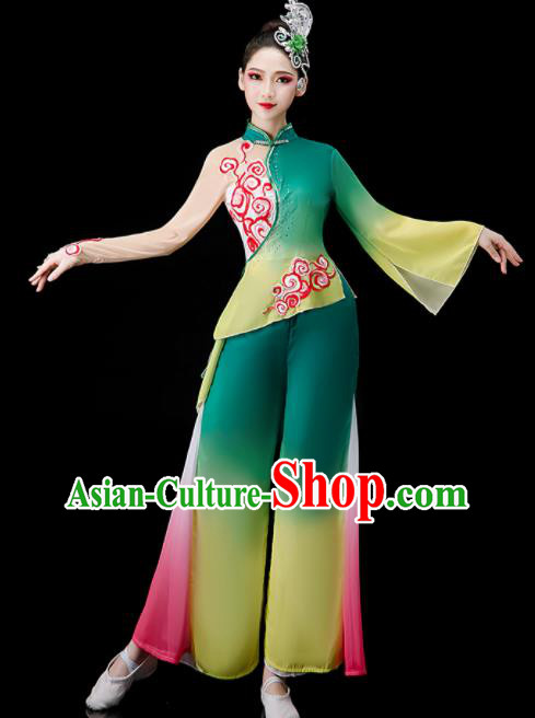 Chinese Jasmine Flower Dance Suit Women Group Dance Clothing Yangko Dance Green Outfit Folk Dance Costume