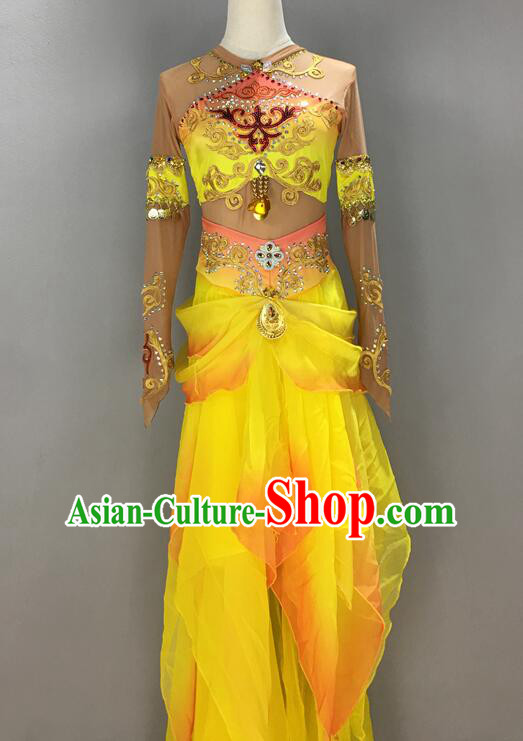 Chinese Classical Dance Clothing Handmade Goddess Dance Costume Dun Huang Flying Apsaras Dance Yellow Dress and Headpiece
