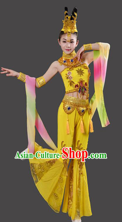 Chinese Handmade Chang E Dance Costume Dun Huang Flying Apsaras Dance Yellow Outfit Classical Dance Clothing