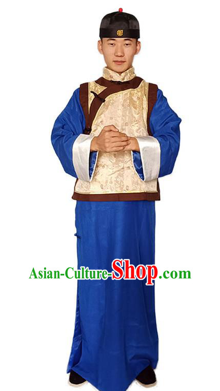 Chinese Qing Dynasty Young Childe Clothing Ancient Landlord Garment Costumes Traditional Blue Outfit
