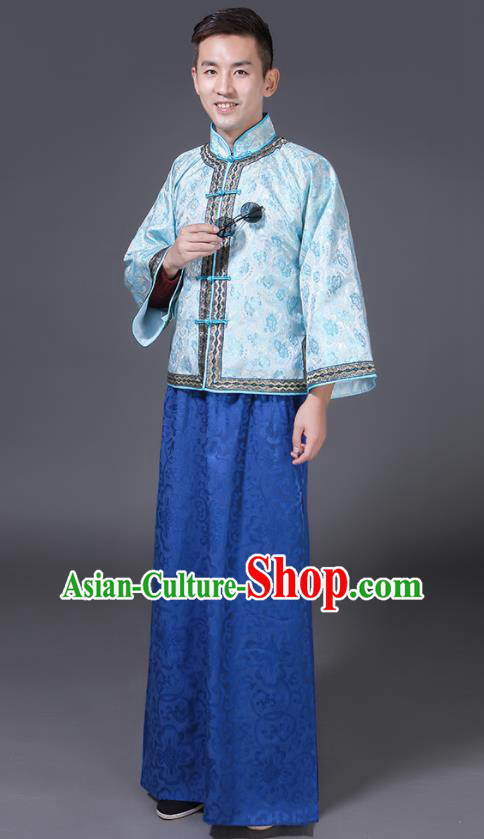 Chinese Traditional Young Master Blue Outfit Qing Dynasty Childe Clothing Ancient Groom Garment Costumes