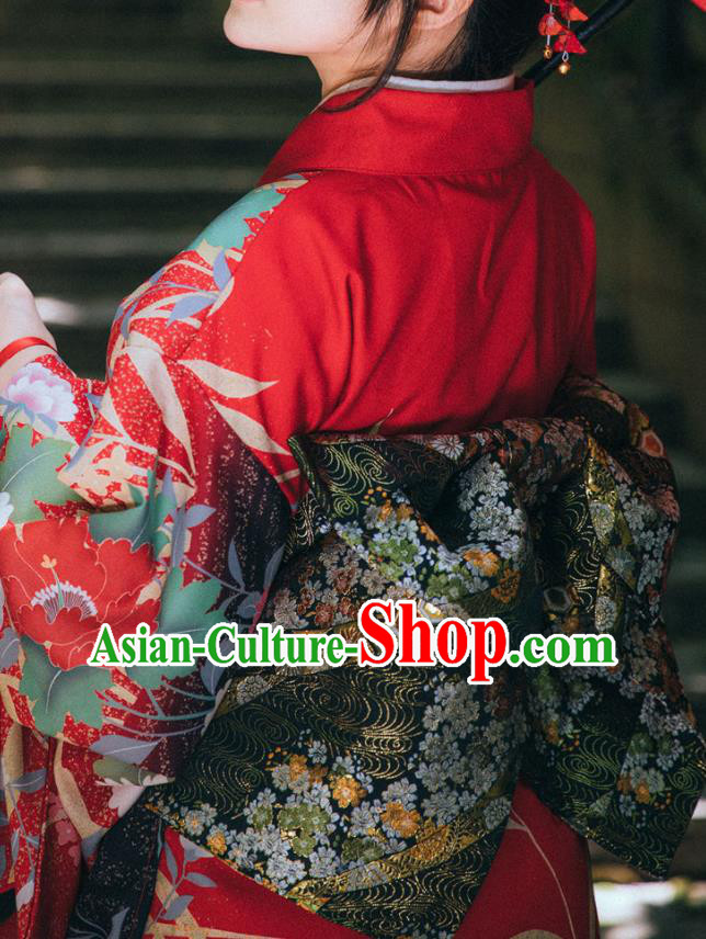Japanese Handmade Brocade Corset Kimono Waistband Traditional Clothing Black Obi Belt