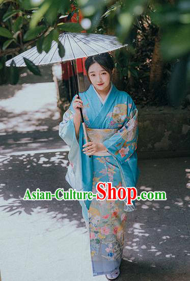 Japan Traditional Garment Japanese Blue Kimono Summer Festival Young Lady Yukata Dress