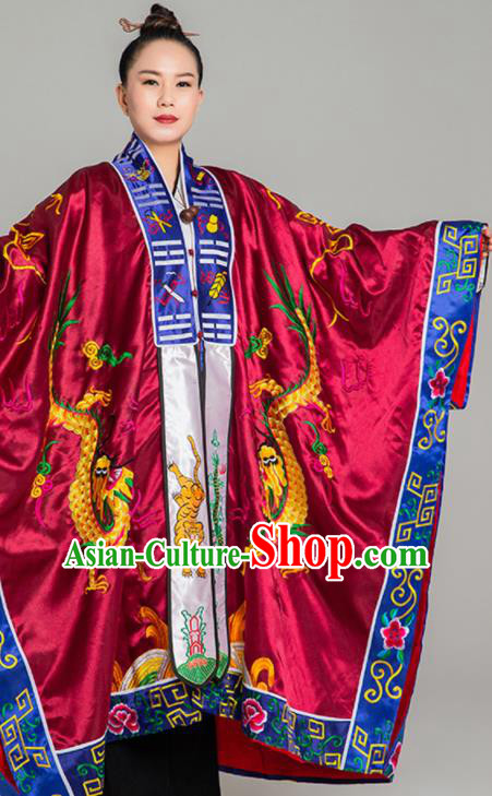 Chinese Traditional Taoism Wine Red Silk Garment Costume Handmade Taoist Robe Embroidered Dragon Priest Frock