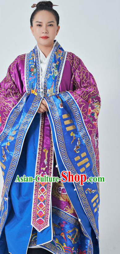 Chinese Embroidered Dragons Purple Silk Robe Traditional Priest Frock Taoism San Qing Garment Handmade Taoist Master Robe