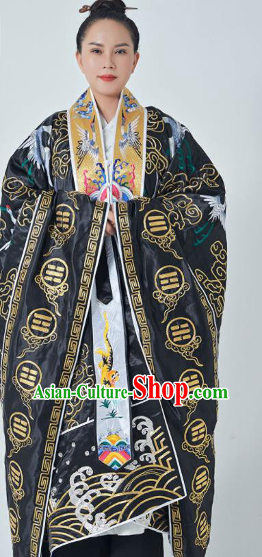 Chinese Taoism San Qing Garment Handmade Taoist Master Costume Embroidered Crane Black Silk Robe Ritual Priest Frock