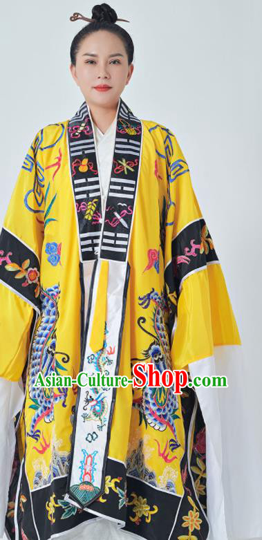 Chinese Traditional Embroidered Dragon Yellow Robe Taoism Ritual Priest Frock San Qing Garment Maoshan Taoist Master Costume